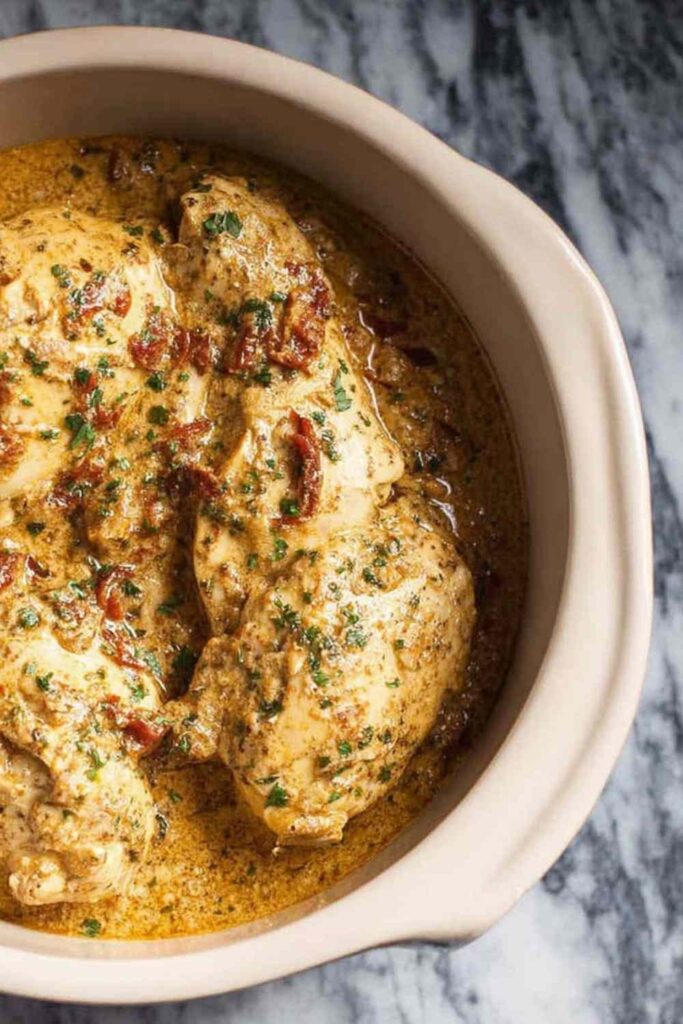 High protein crockpot marry me chicken in slow cooker with creamy sauce and sun-dried tomatoes
