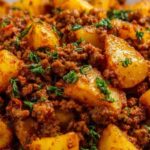 High protein ground beef with potatoes in a large skillet topped with fresh parsley