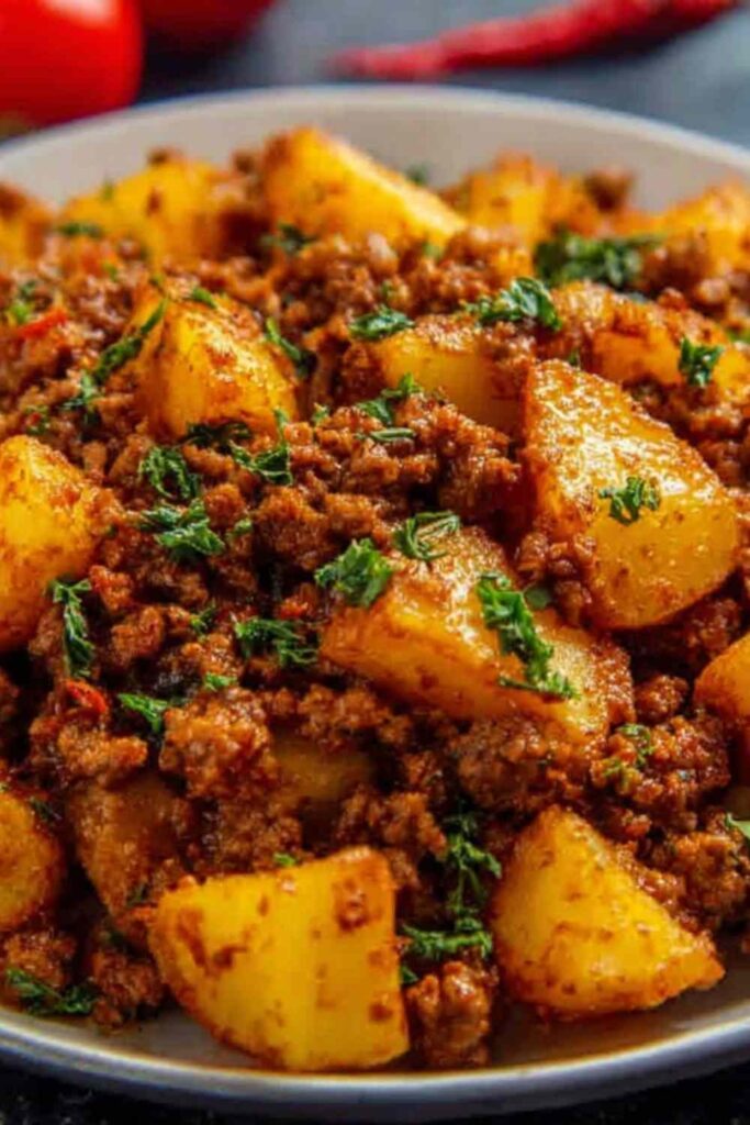 High protein ground beef with potatoes in a large skillet topped with fresh parsley