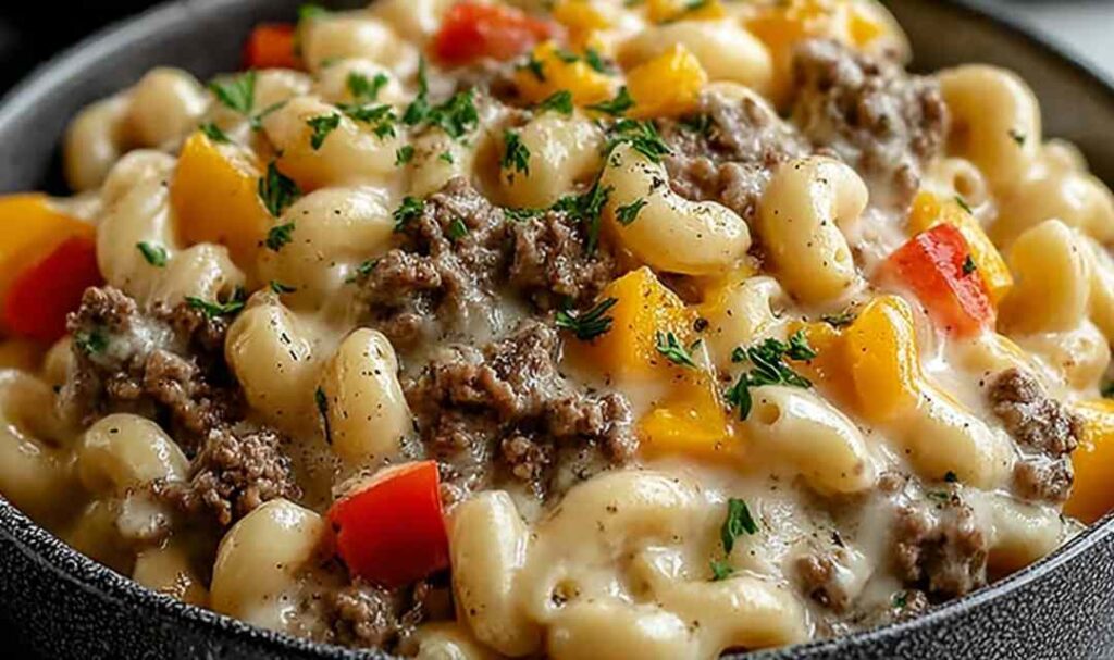 High Protein Philly Cheesesteak Mac and Cheese 5 High protein Philly cheesesteak mac and cheese in a skillet with melted provolone and fresh parsley