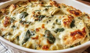High protein spinach and artichoke chicken casserole in a white baking dish with golden bubbly mozzarella cheese on top
