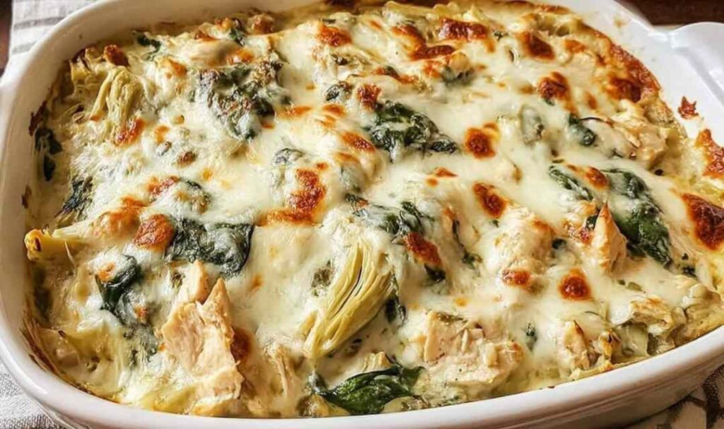 High protein spinach and artichoke chicken casserole in a white baking dish with golden bubbly mozzarella cheese on top
