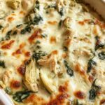 High protein spinach and artichoke chicken casserole in a white baking dish with golden bubbly mozzarella cheese on top