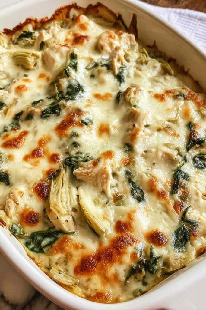 High protein spinach and artichoke chicken casserole in a white baking dish with golden bubbly mozzarella cheese on top