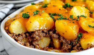 Hobo casserole with golden crispy tater tots and melted cheddar cheese in a 9x13 baking dish