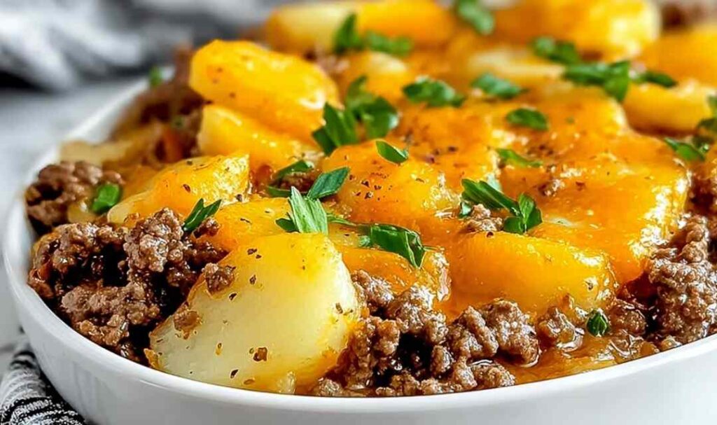 Hobo casserole with golden crispy tater tots and melted cheddar cheese in a 9x13 baking dish