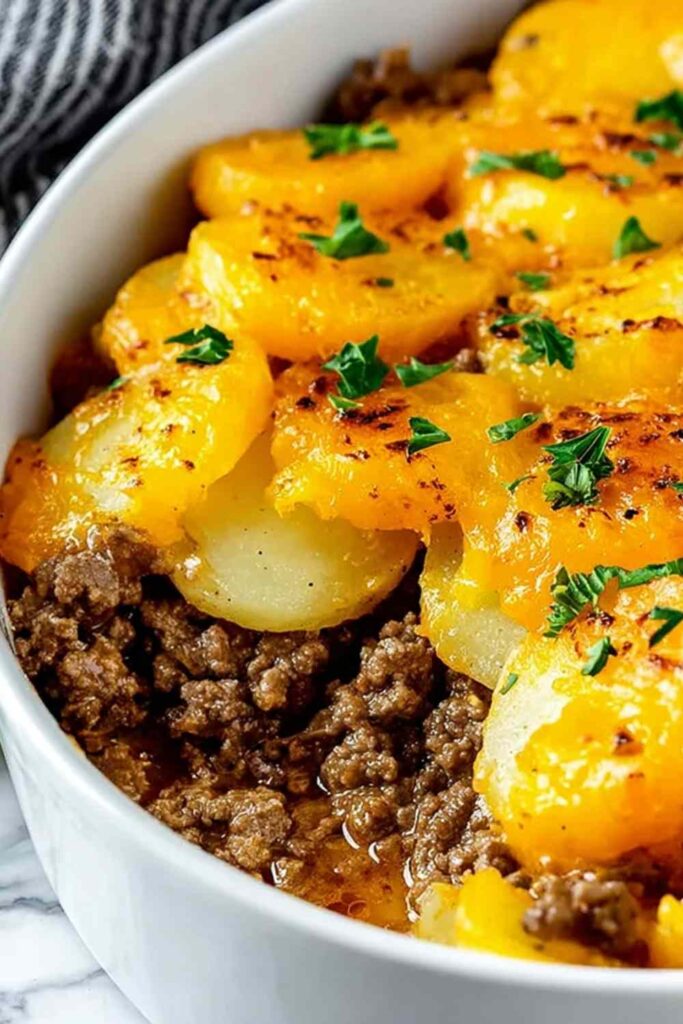 Hobo casserole with golden crispy tater tots and melted cheddar cheese in a 9x13 baking dish