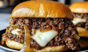 French Onion Beef Sloppy Joes topped with melted Swiss cheese on toasted bun