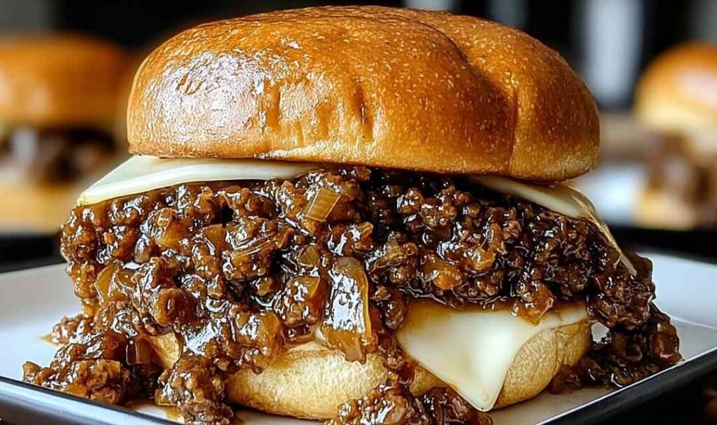 French Onion Beef Sloppy Joes topped with melted Swiss cheese on toasted bun