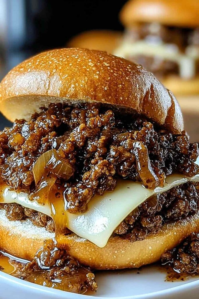 French Onion Beef Sloppy Joes topped with melted Swiss cheese on toasted bun