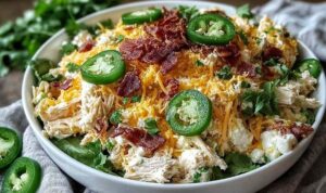 Jalapeno popper chicken salad in bowl with bacon and cheddar cheese