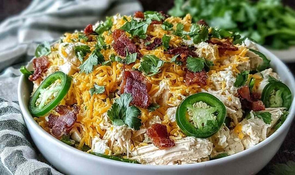 Jalapeno popper chicken salad in bowl with bacon and cheddar cheese