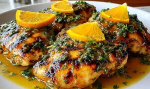 Key West Grilled Chicken with Tropical Citrus Marinade Key West grilled chicken with tropical citrus marinade on white plate garnished with fresh cilantro and lime wedges