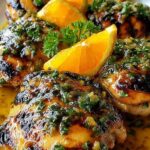 Key West grilled chicken with tropical citrus marinade on white plate garnished with fresh cilantro and lime wedges