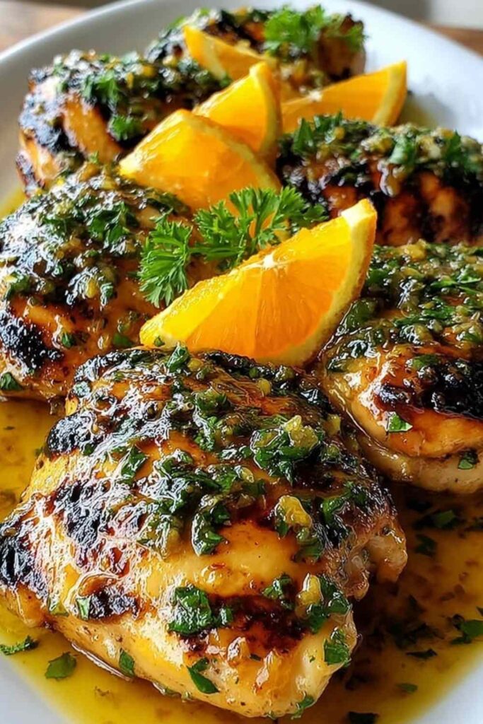 Key West grilled chicken with tropical citrus marinade on white plate garnished with fresh cilantro and lime wedges