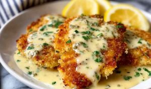 Lemon Pecorino Crusted Chicken on a white plate topped with creamy lemon sauce and fresh parsley