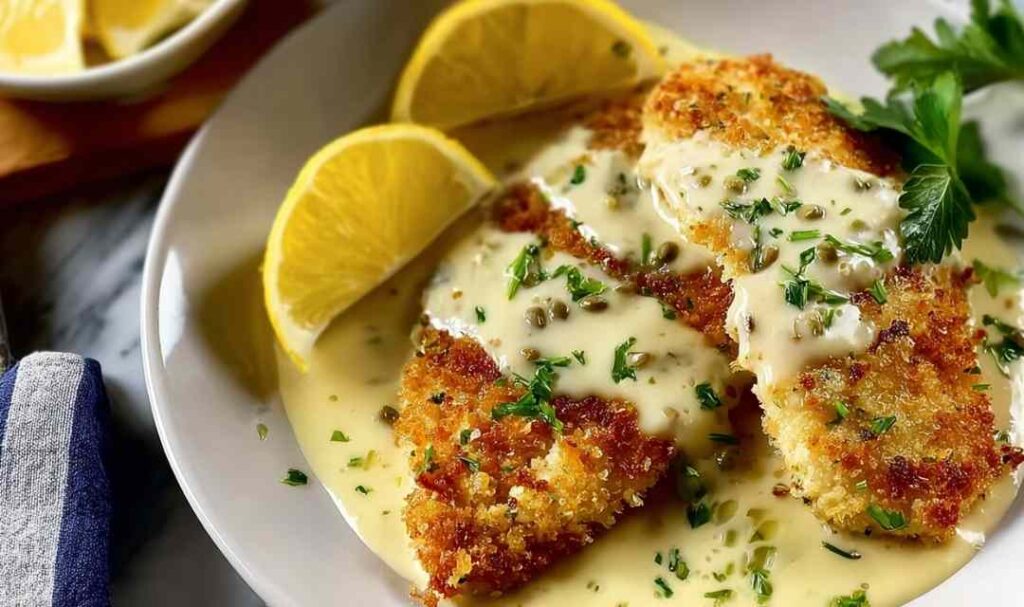 Lemon Pecorino Crusted Chicken with Creamy Lemon Sauce 5 Lemon Pecorino Crusted Chicken on a white plate topped with creamy lemon sauce and fresh parsley