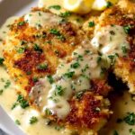 Lemon Pecorino Crusted Chicken on a white plate topped with creamy lemon sauce and fresh parsley
