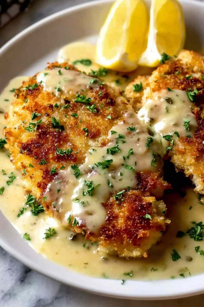 Lemon Pecorino Crusted Chicken with Creamy Lemon Sauce 6 Lemon Pecorino Crusted Chicken on a white plate topped with creamy lemon sauce and fresh parsley