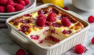 Lemon raspberry cottage cheese bake in white baking dish with golden top and fresh raspberries