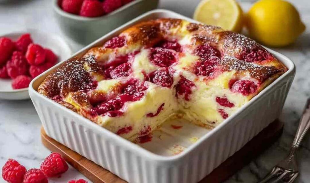 Lemon raspberry cottage cheese bake in white baking dish with golden top and fresh raspberries