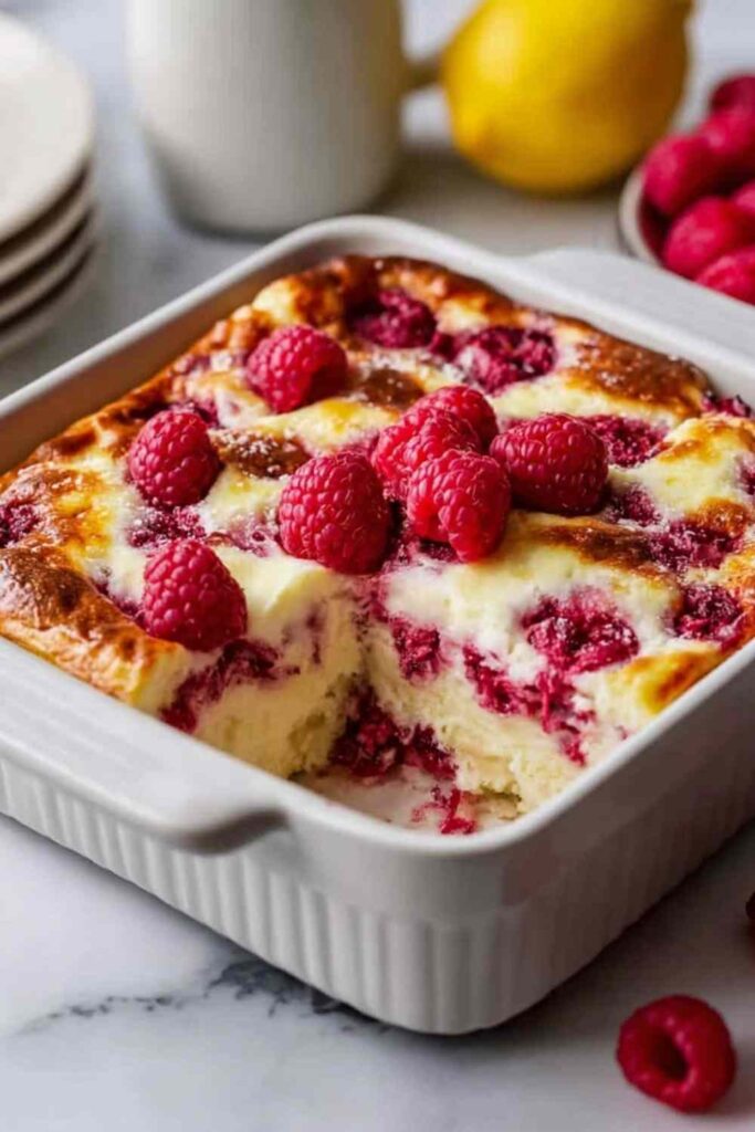 Lemon raspberry cottage cheese bake in white baking dish with golden top and fresh raspberries