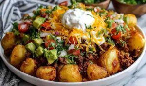 Loaded potato taco bowl topped with seasoned ground beef, shredded cheddar cheese, sour cream, green onions, and black olives on a wooden surface
