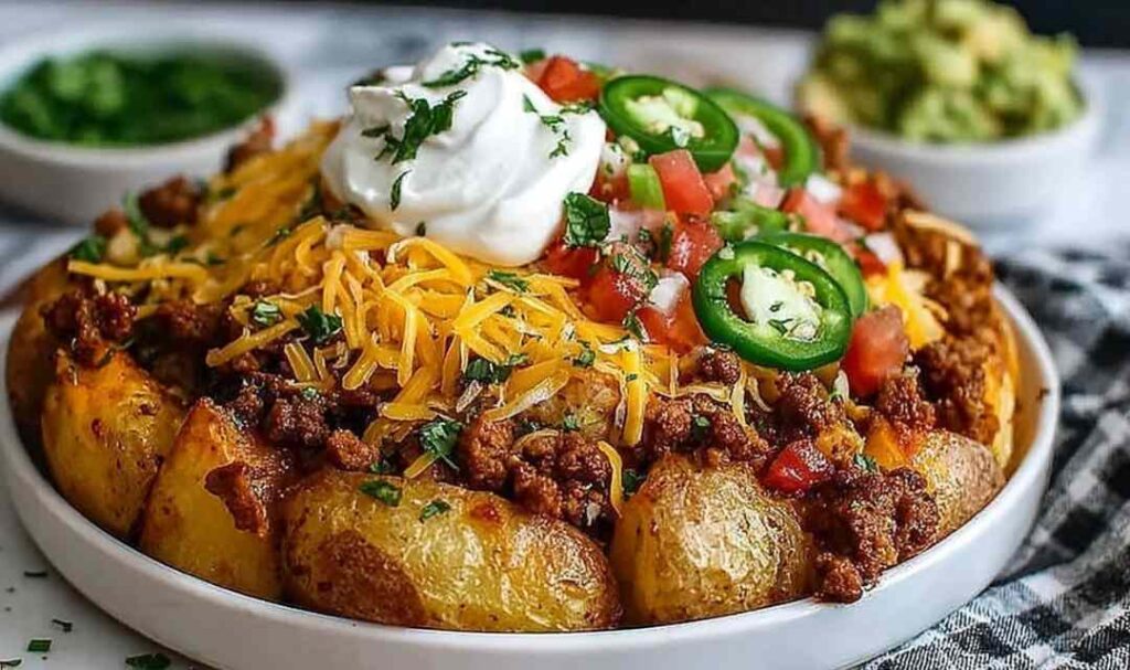 Loaded potato taco bowl topped with seasoned ground beef, shredded cheddar cheese, sour cream, green onions, and black olives on a wooden surface