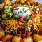 Loaded potato taco bowl topped with seasoned ground beef, shredded cheddar cheese, sour cream, green onions, and black olives on a wooden surface