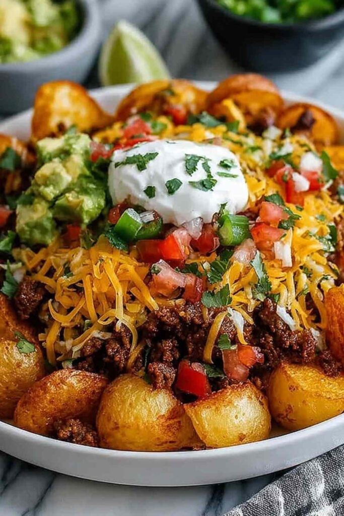 Loaded potato taco bowl topped with seasoned ground beef, shredded cheddar cheese, sour cream, green onions, and black olives on a wooden surface