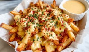 Louisiana Voodoo Fries topped with creamy cheese sauce, ranch drizzle, and Cajun seasoning on a serving platter