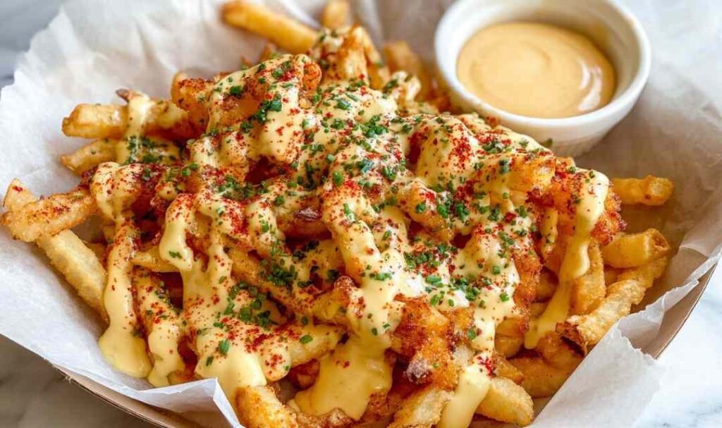 Louisiana Voodoo Fries topped with creamy cheese sauce, ranch drizzle, and Cajun seasoning on a serving platter