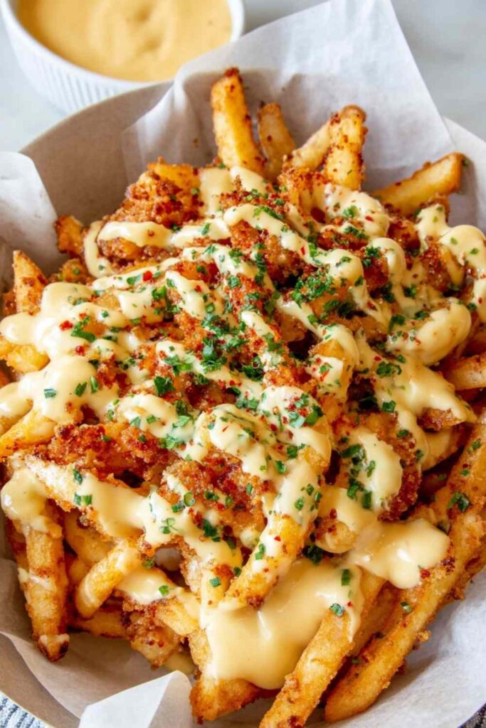 Louisiana Voodoo Fries topped with creamy cheese sauce, ranch drizzle, and Cajun seasoning on a serving platter