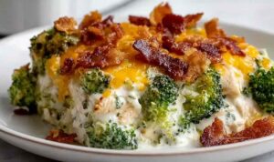 Low carb chicken casserole with melted cheese topping in baking dish