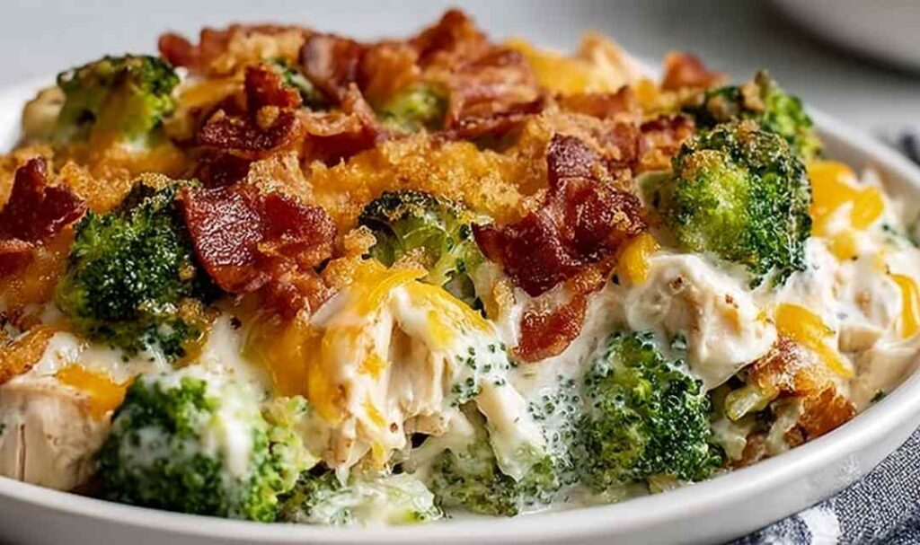 Low carb chicken casserole with melted cheese topping in baking dish