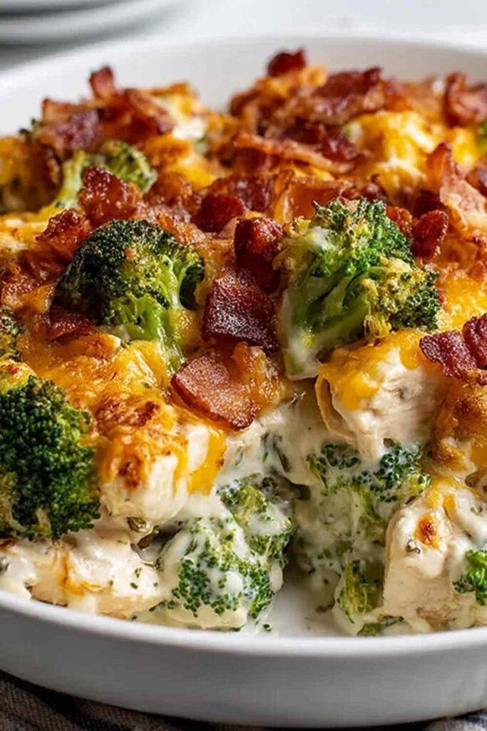 Low carb chicken casserole with melted cheese topping in baking dish