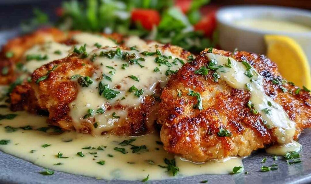 Crispy Malibu Chicken with ham and Swiss cheese topped with honey mustard sauce on white plate