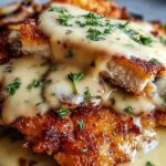 Crispy Malibu Chicken with ham and Swiss cheese topped with honey mustard sauce on white plate