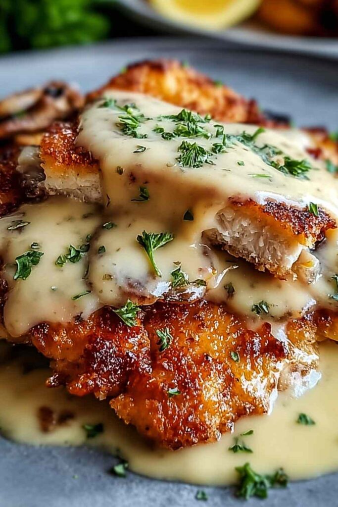 Crispy Malibu Chicken with ham and Swiss cheese topped with honey mustard sauce on white plate