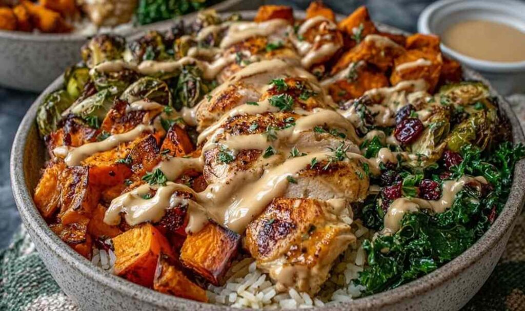 Maple Dijon Chicken Sweet Potato Bowls 5 Maple Dijon Chicken Sweet Potato Bowls with roasted sweet potatoes, sliced chicken breast, spinach, and cranberries