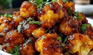 Maple Sriracha Cauliflower Maple sriracha cauliflower florets roasted and glazed with sesame seeds on a baking sheet