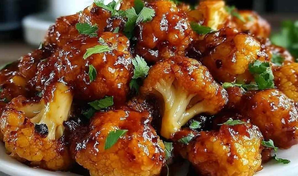 Maple Sriracha Cauliflower 5 Maple sriracha cauliflower florets roasted and glazed with sesame seeds on a baking sheet