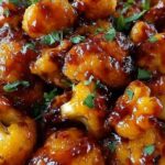 Maple sriracha cauliflower florets roasted and glazed with sesame seeds on a baking sheet