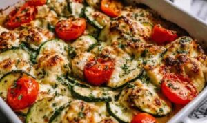 Mediterranean chicken zucchini bake in a baking dish with melted cheese and fresh herbs