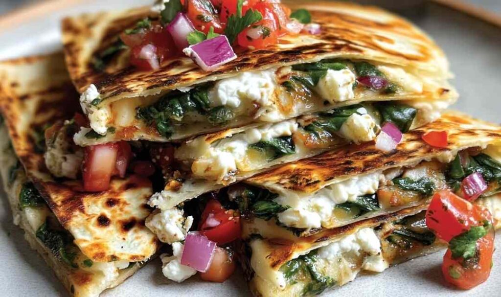Mediterranean Quesadillas with Spinach, Feta, and Mozzarella 5 Mediterranean quesadillas with spinach, feta, and mozzarella served with tzatziki