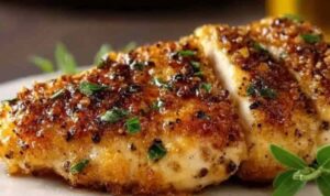 Melt in your mouth chicken breast on white plate with fresh herbs and lemon slices