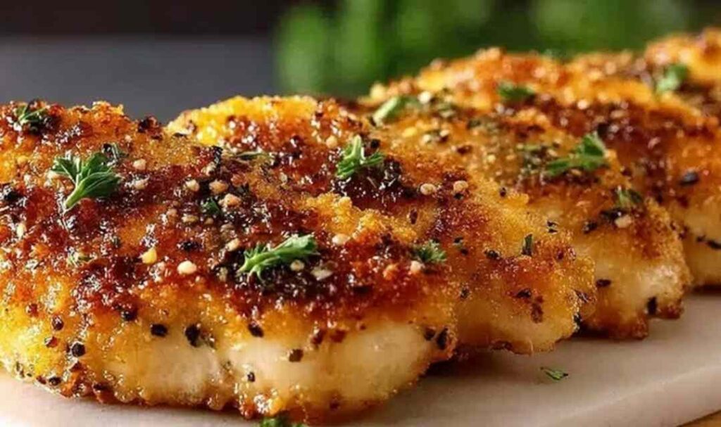 Melt in your mouth chicken breast on white plate with fresh herbs and lemon slices