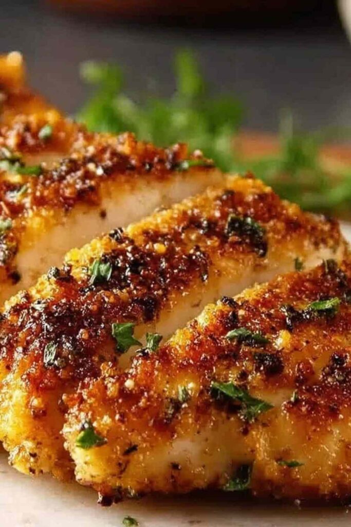 Melt in your mouth chicken breast on white plate with fresh herbs and lemon slices