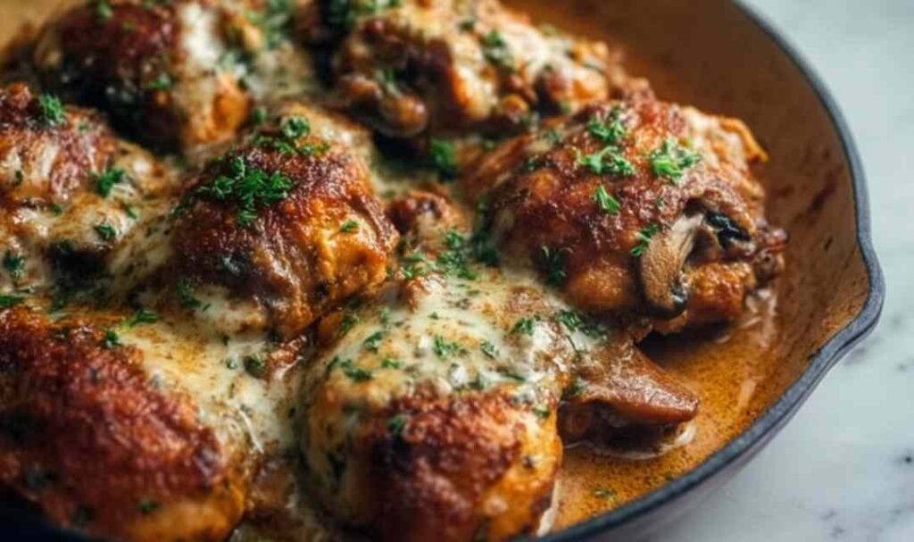 Mississippi Mud Chicken with melted cheddar cheese and crispy fried onions fresh from the oven