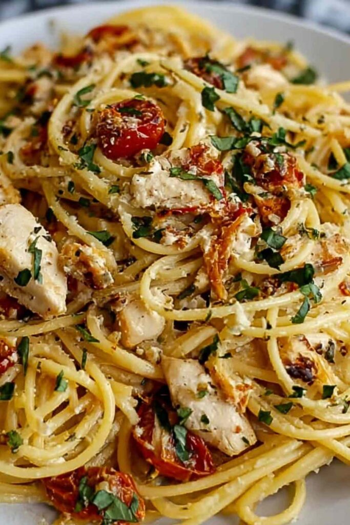 Monterey Chicken Spaghetti 6 Creamy Monterey chicken spaghetti in a white baking dish topped with melted Monterey Jack and cheddar cheese